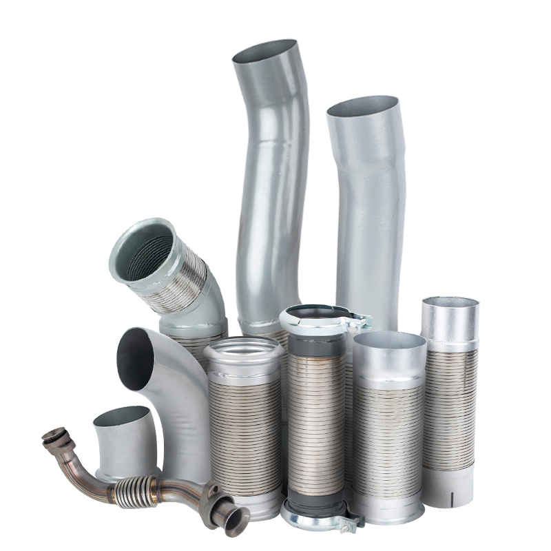 Uma cole&ccedil;&atilde;o de tubos de escape de caminh&otilde;es comuns com juntas de expans&atilde;o de estrutura interligada em a&ccedil;o inoxid&aacute;vel